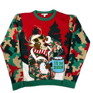 Celebrate Together Men's Reindeer Camo Ugly Christmas Sweater w/ Drink Pouch 2XL